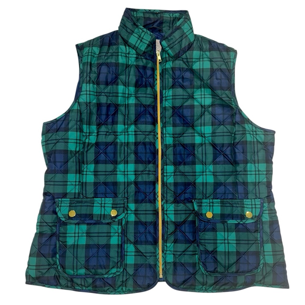 NWOT St. John's Bay Green & Blue Plaid Quilted Vest - Full Zip w/ Gold Hardware